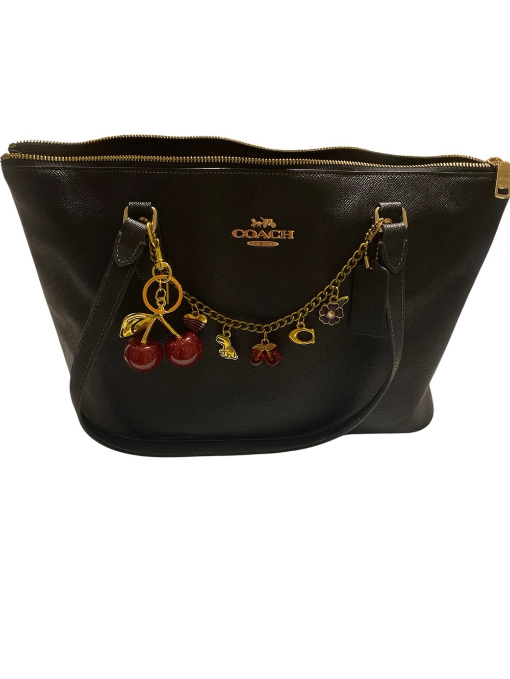 Coach Black Leather Tote with Cherry Charm Chain